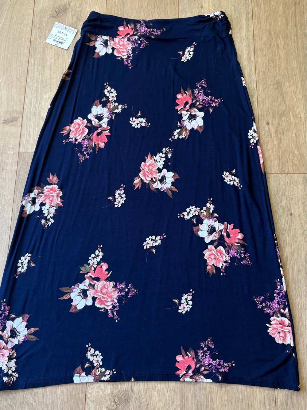 Liz Claiborne Navy Maxi Skirt with Pink Floral Spray